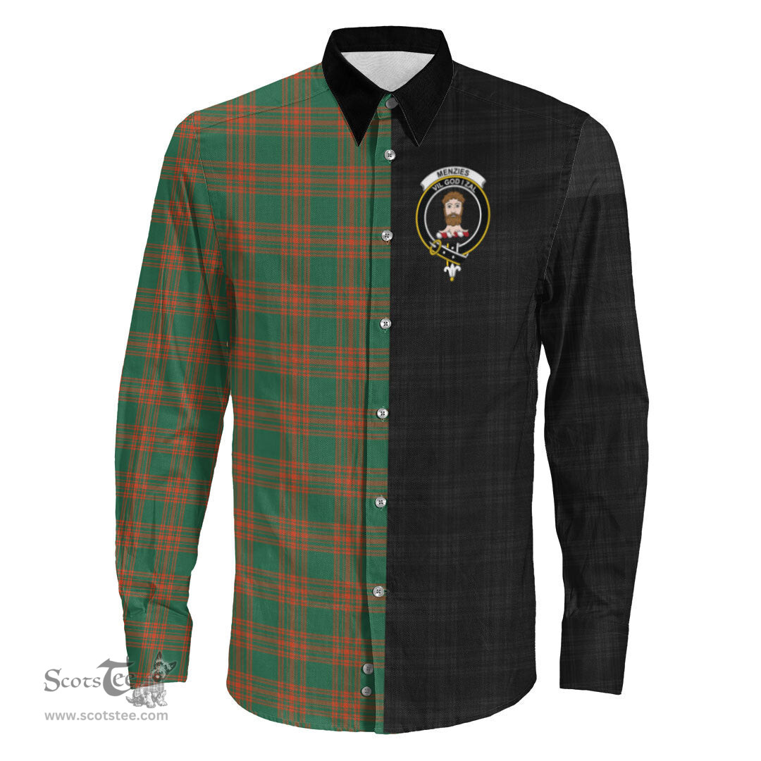ScotsTee Shop Scottish Menzies Green Ancient Clan Crest Half Tartan Long Sleeve Shirt