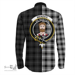 ScotsTee Shop Scottish Menzies Black White Modern Clan Crest Half Tartan Long Sleeve Shirt
