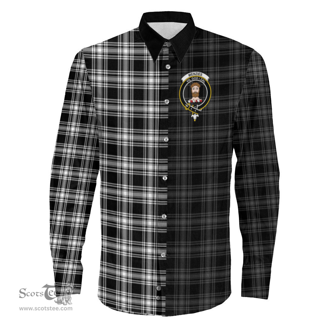 ScotsTee Shop Scottish Menzies Black White Modern Clan Crest Half Tartan Long Sleeve Shirt