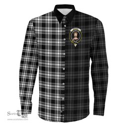 ScotsTee Shop Scottish Menzies Black White Modern Clan Crest Half Tartan Long Sleeve Shirt