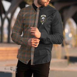 ScotsTee Shop Scottish Kennedy Weathered Clan Crest Half Tartan Long Sleeve Shirt