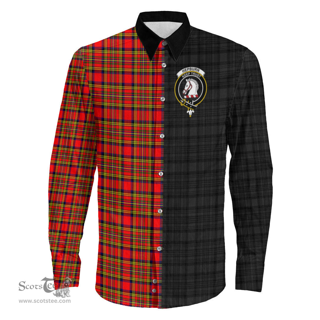 ScotsTee Shop Scottish Hepburn Clan Crest Half Tartan Long Sleeve Shirt