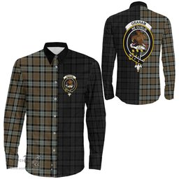 ScotsTee Shop Scottish Graham of Menteith Weathered Clan Crest Half Tartan Long Sleeve Shirt