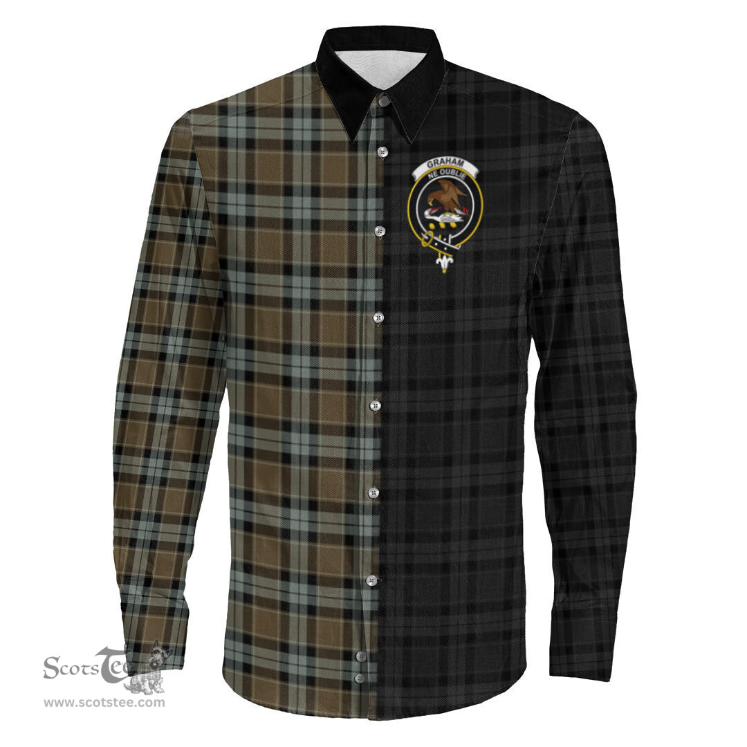 ScotsTee Shop Scottish Graham of Menteith Weathered Clan Crest Half Tartan Long Sleeve Shirt
