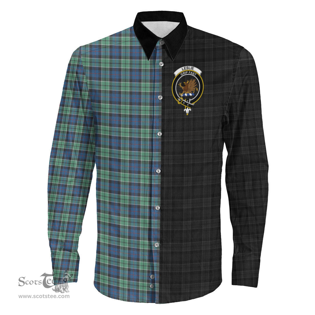 ScotsTee Shop Scottish Leslie Hunting Ancient Clan Crest Half Tartan Long Sleeve Shirt
