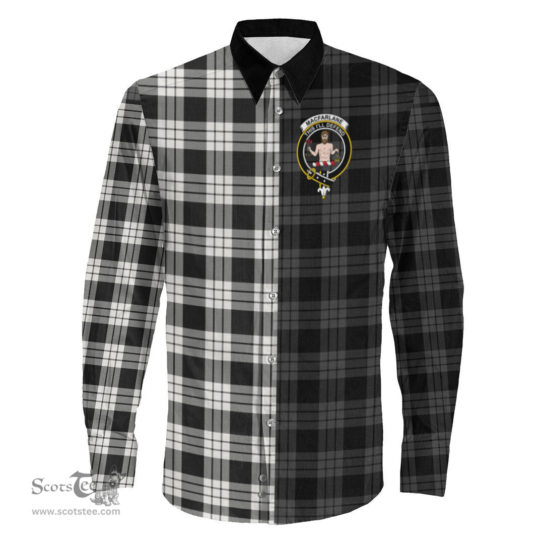 ScotsTee Shop Scottish MacFarlane Black White Ancient Clan Crest Half Tartan Long Sleeve Shirt