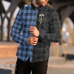 ScotsTee Shop Scottish MacKay Blue Clan Crest Half Tartan Long Sleeve Shirt
