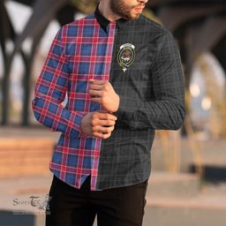 ScotsTee Shop Scottish Graham of Menteith Red Clan Crest Half Tartan Long Sleeve Shirt