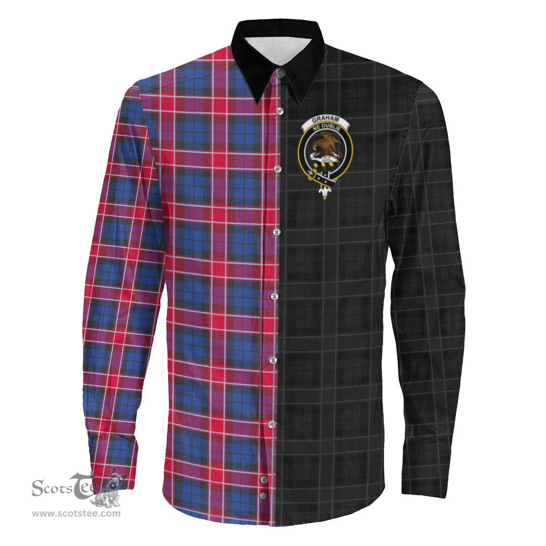 ScotsTee Shop Scottish Graham of Menteith Red Clan Crest Half Tartan Long Sleeve Shirt