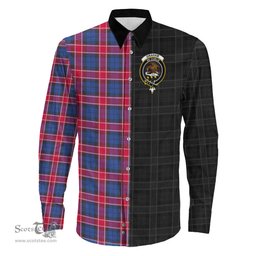 ScotsTee Shop Scottish Graham of Menteith Red Clan Crest Half Tartan Long Sleeve Shirt