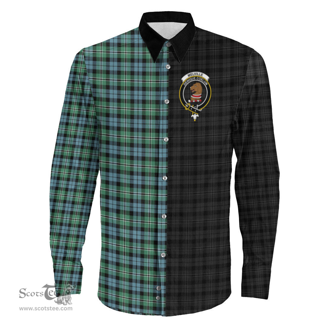 ScotsTee Shop Scottish Melville Clan Crest Half Tartan Long Sleeve Shirt