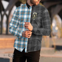ScotsTee Shop Scottish Stewart Muted Blue Clan Crest Half Tartan Long Sleeve Shirt