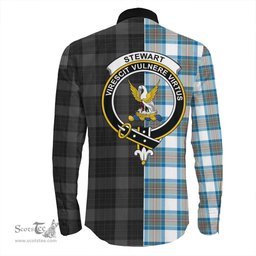 ScotsTee Shop Scottish Stewart Muted Blue Clan Crest Half Tartan Long Sleeve Shirt