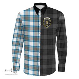 ScotsTee Shop Scottish Stewart Muted Blue Clan Crest Half Tartan Long Sleeve Shirt