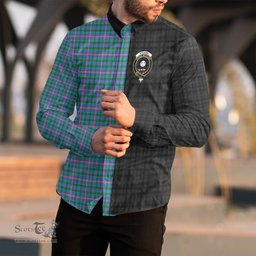 ScotsTee Shop Scottish Pitcairn Hunting Clan Crest Half Tartan Long Sleeve Shirt