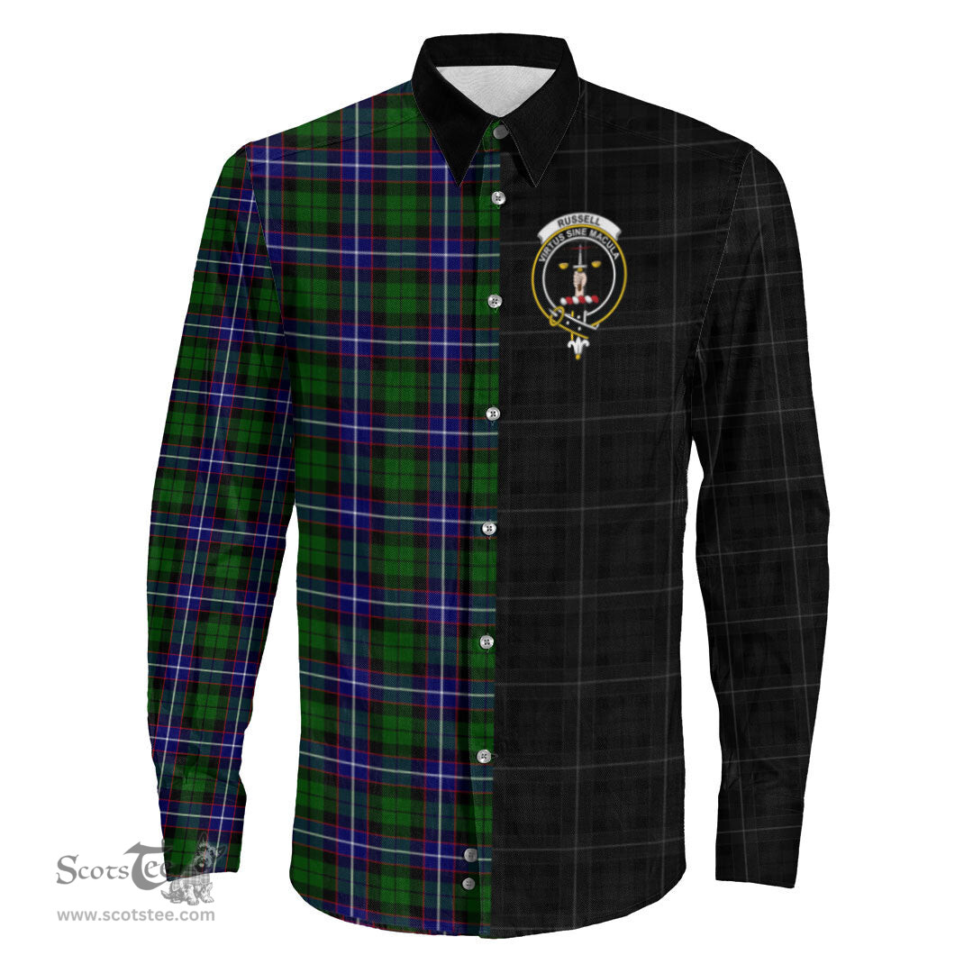 ScotsTee Shop Scottish Russell Modern Clan Crest Half Tartan Long Sleeve Shirt