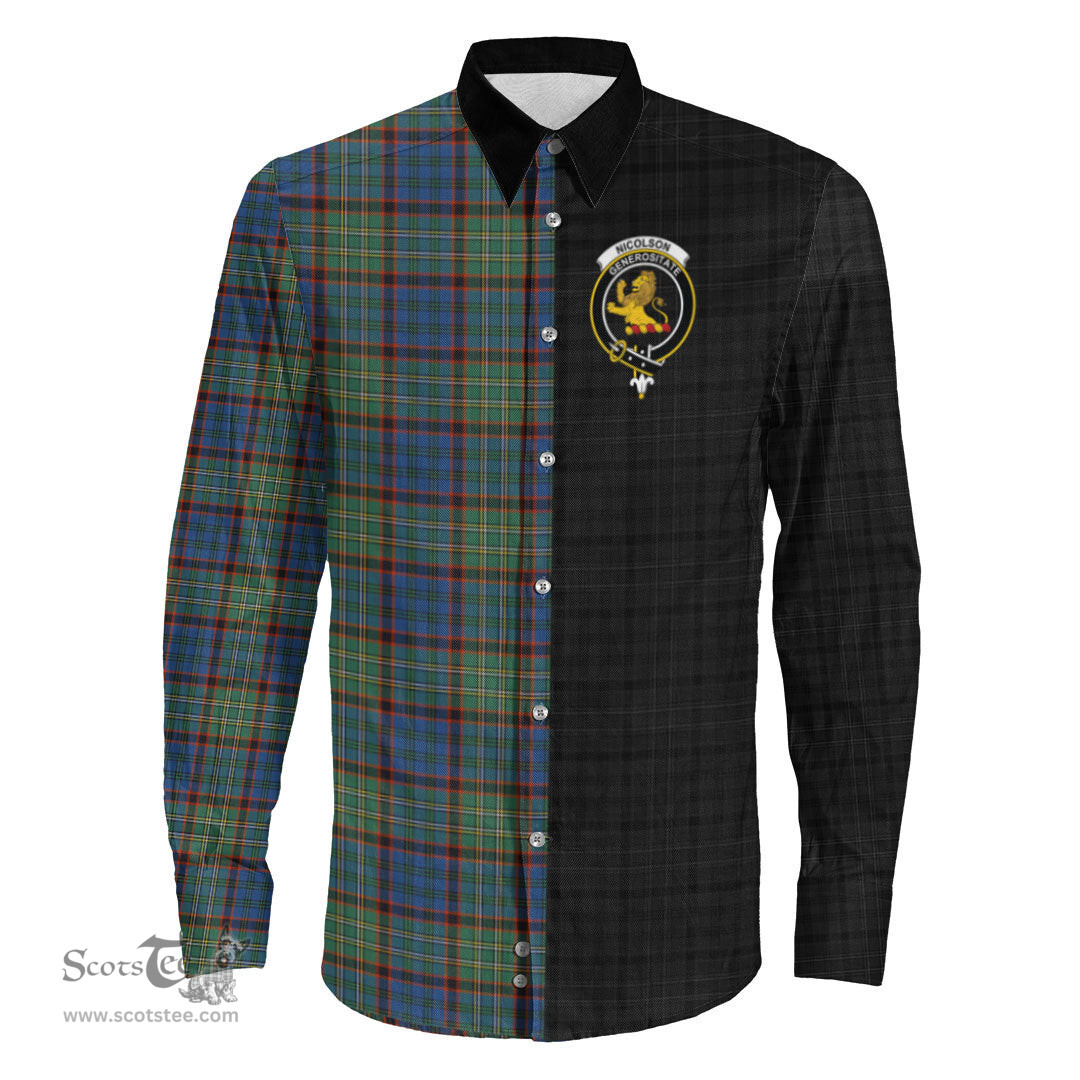 ScotsTee Shop Scottish Nicolson Hunting Ancient Clan Crest Half Tartan Long Sleeve Shirt