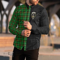 ScotsTee Shop Scottish Wallace Hunting Green Clan Crest Half Tartan Long Sleeve Shirt