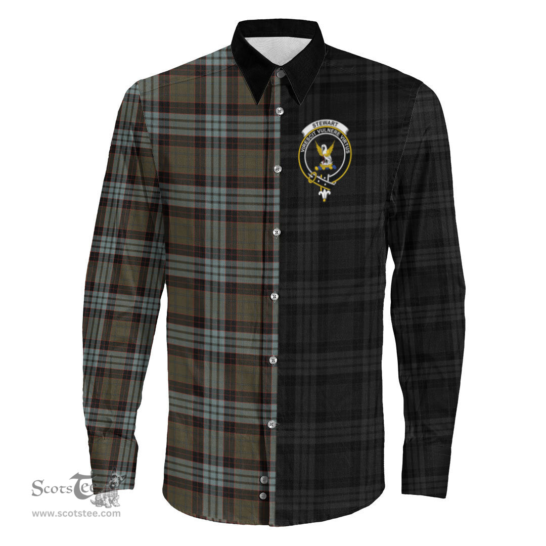 ScotsTee Shop Scottish Stewart Old Weathered Clan Crest Half Tartan Long Sleeve Shirt