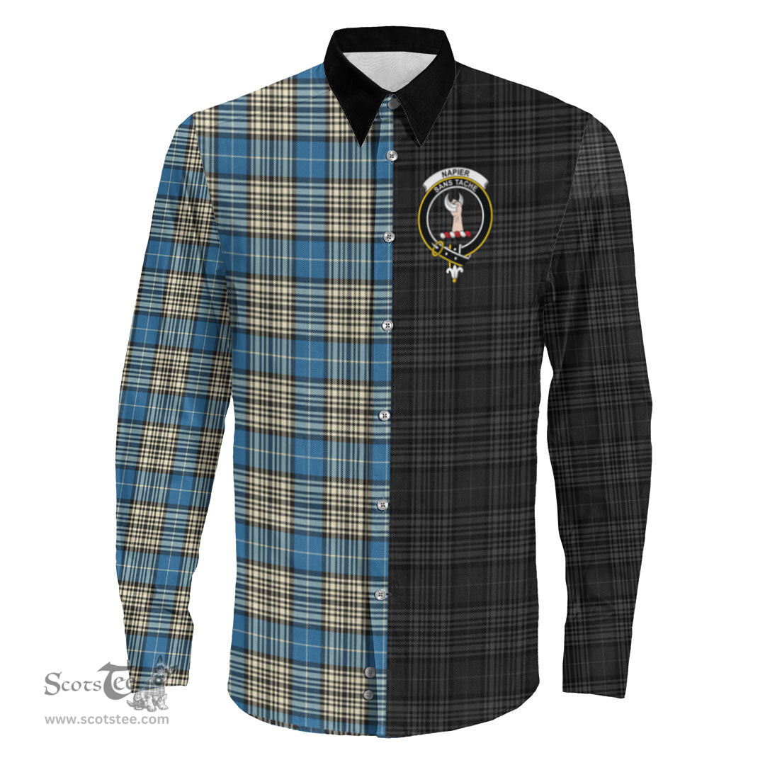 ScotsTee Shop Scottish Napier Ancient Clan Crest Half Tartan Long Sleeve Shirt