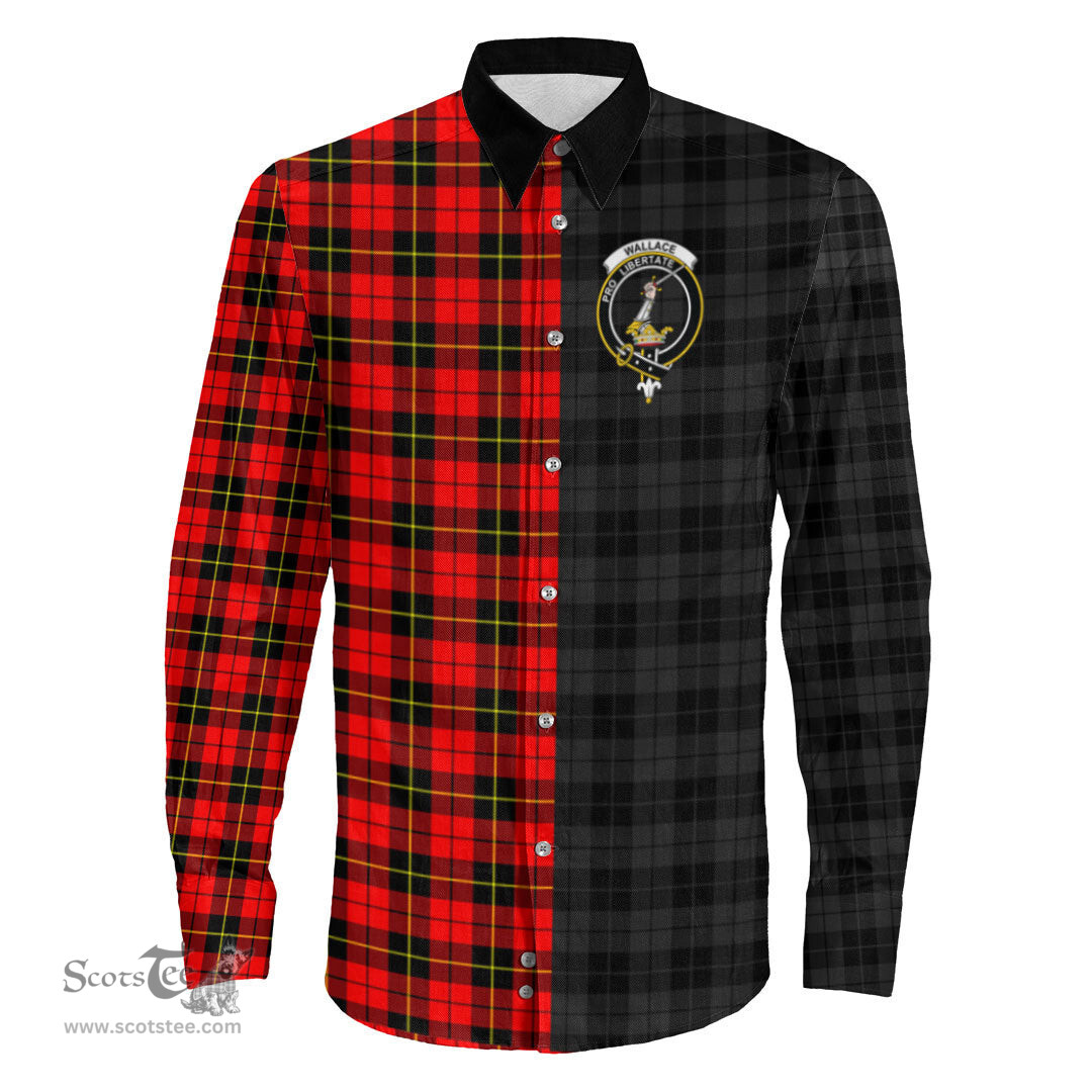 ScotsTee Shop Scottish Wallace Hunting Red Clan Crest Half Tartan Long Sleeve Shirt