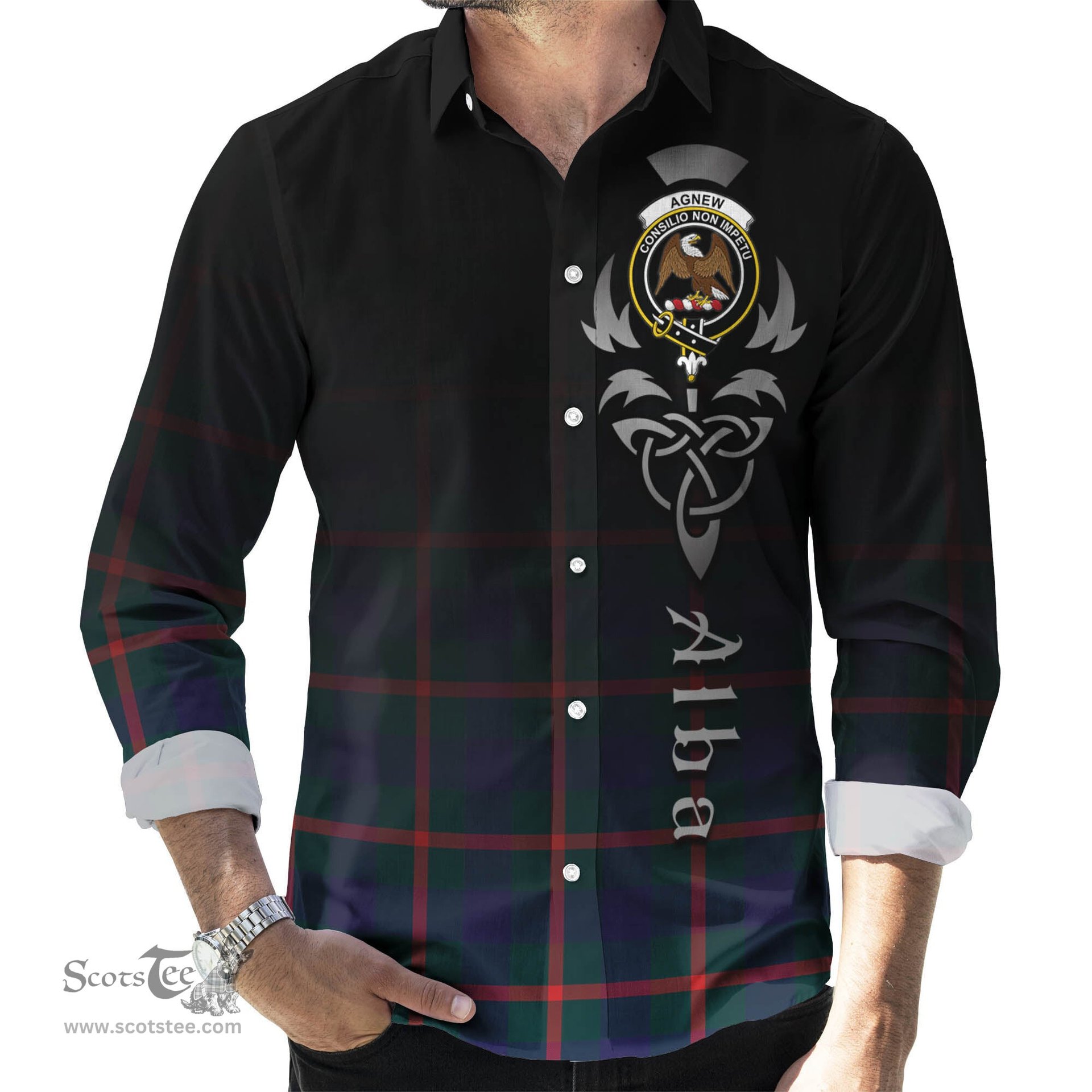 ScotsTee Shop Scottish Agnew Modern Clan Crest Tartan Alba Gu Brath Celtic Inspired Tartan Long Sleeve Shirt
