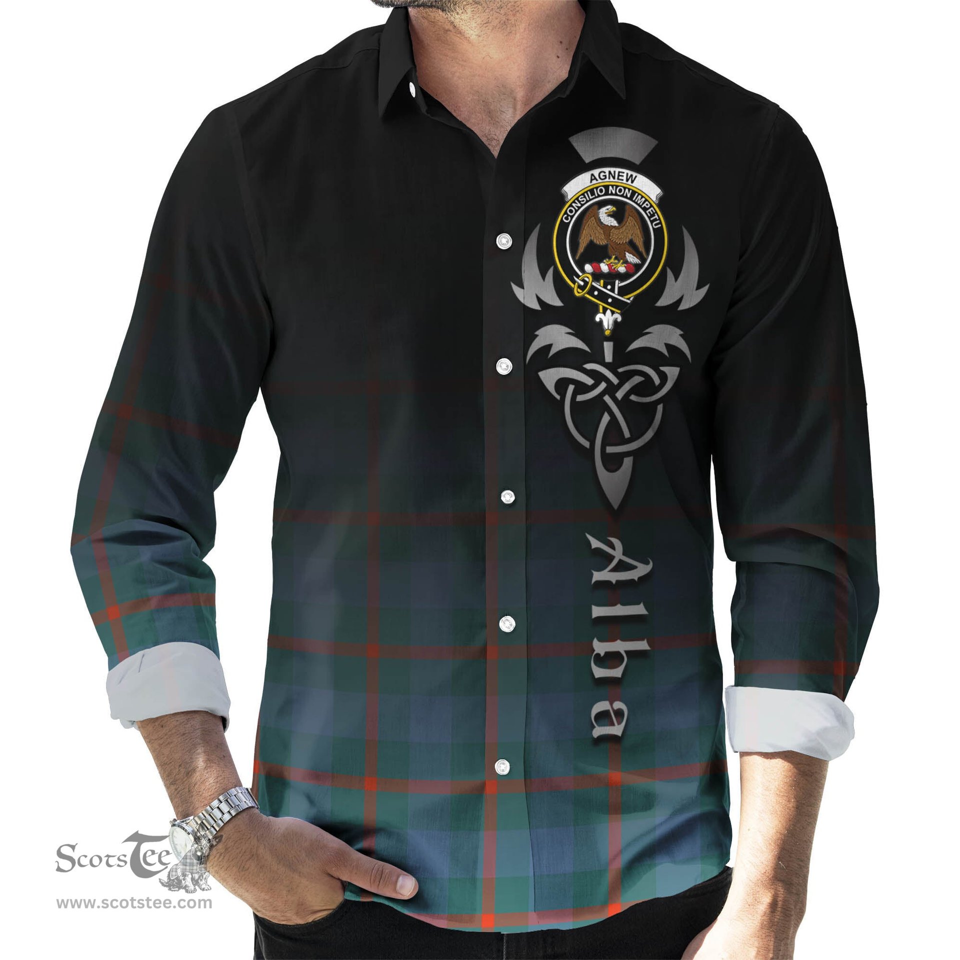 ScotsTee Shop Scottish Agnew Ancient Clan Crest Tartan Alba Gu Brath Celtic Inspired Tartan Long Sleeve Shirt