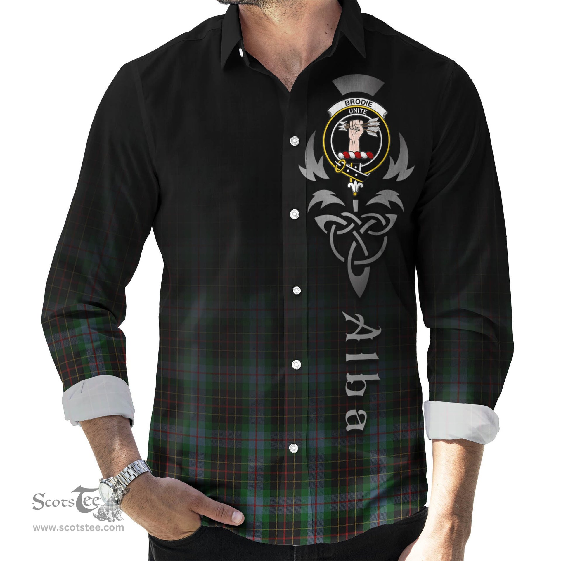 ScotsTee Shop Scottish Brodie Hunting Clan Crest Tartan Alba Gu Brath Celtic Inspired Tartan Long Sleeve Shirt