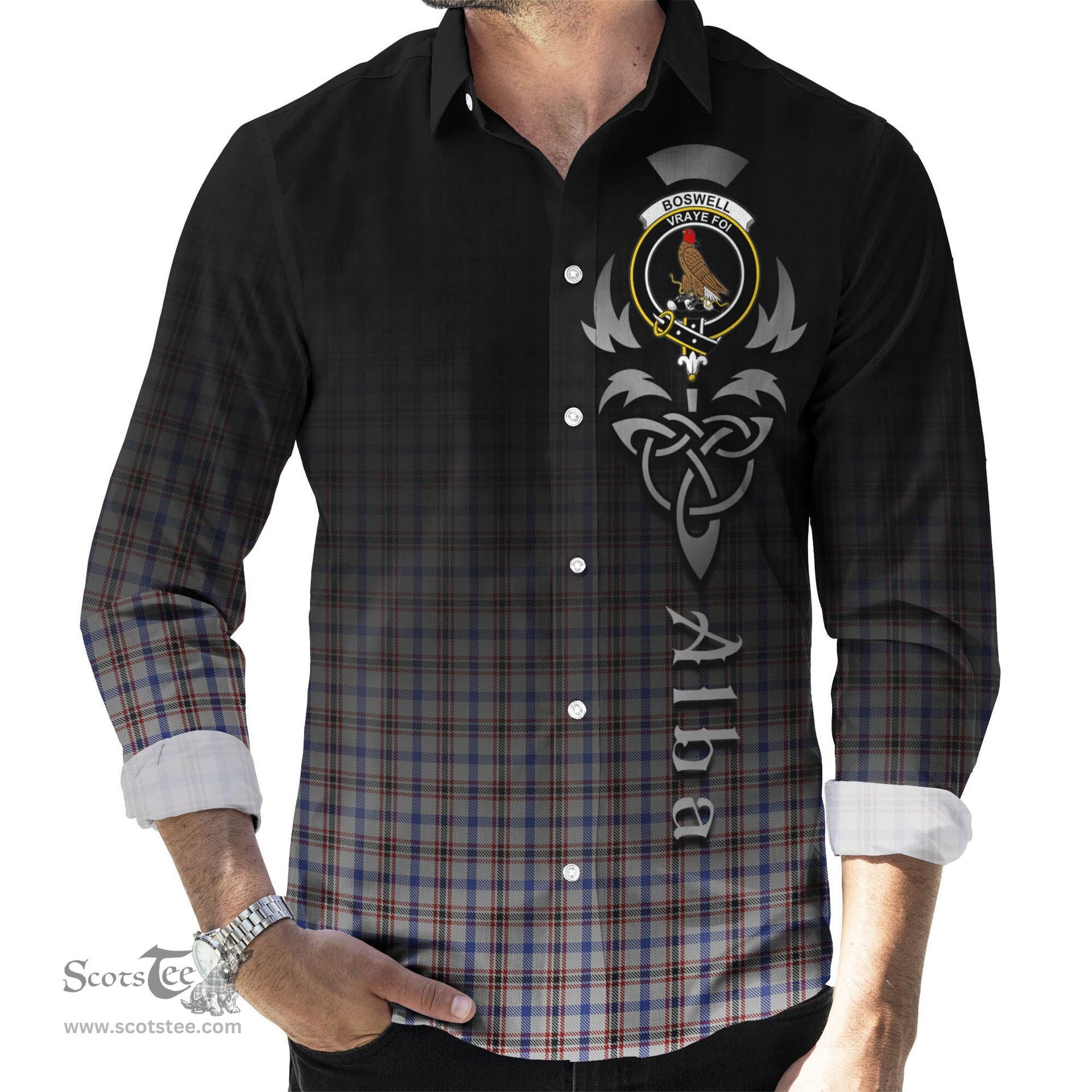 ScotsTee Shop Scottish Boswell Clan Crest Tartan Alba Gu Brath Celtic Inspired Tartan Long Sleeve Shirt