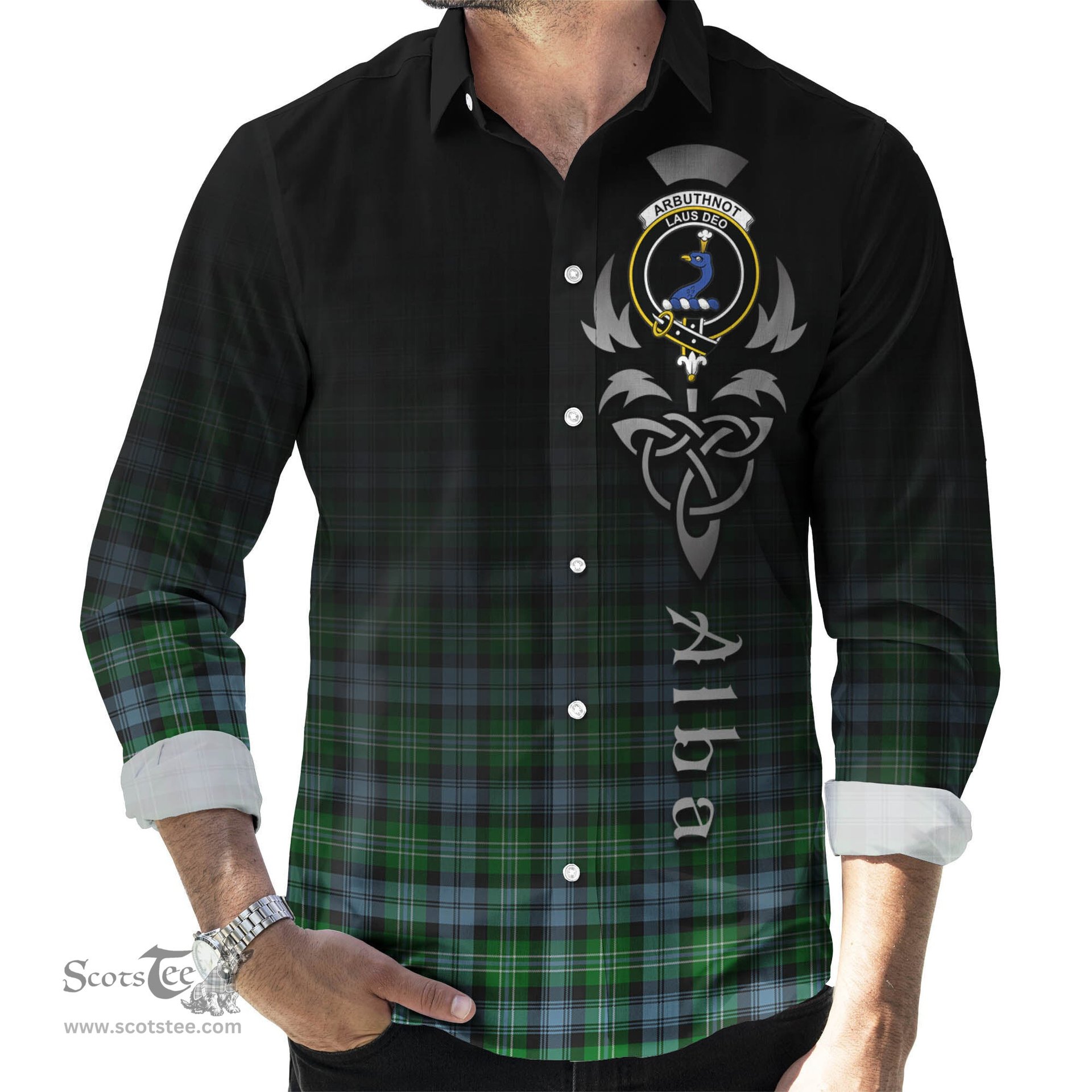 ScotsTee Shop Scottish Arbuthnot Ancient Clan Crest Tartan Alba Gu Brath Celtic Inspired Tartan Long Sleeve Shirt