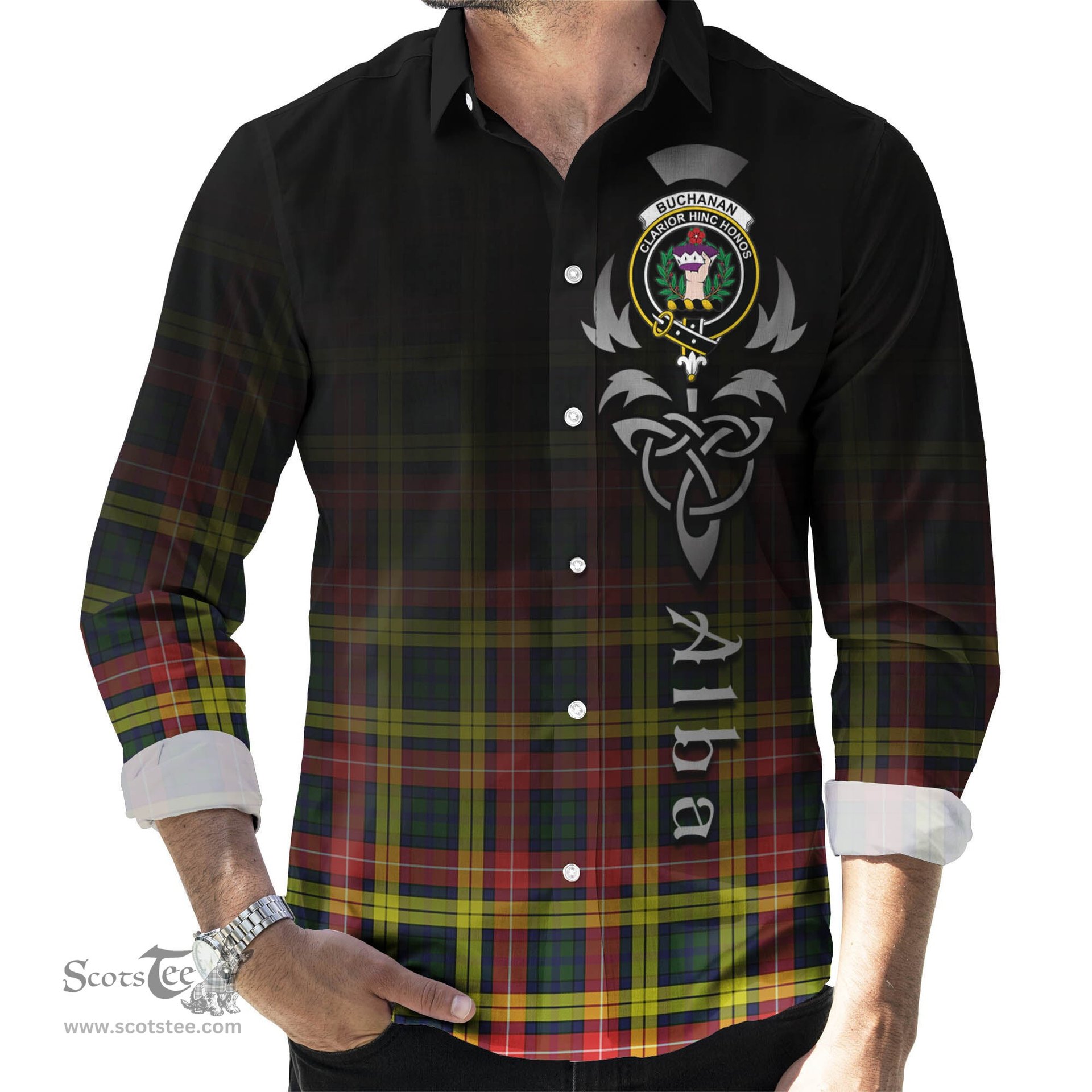 ScotsTee Shop Scottish Buchanan Modern Clan Crest Tartan Alba Gu Brath Celtic Inspired Tartan Long Sleeve Shirt