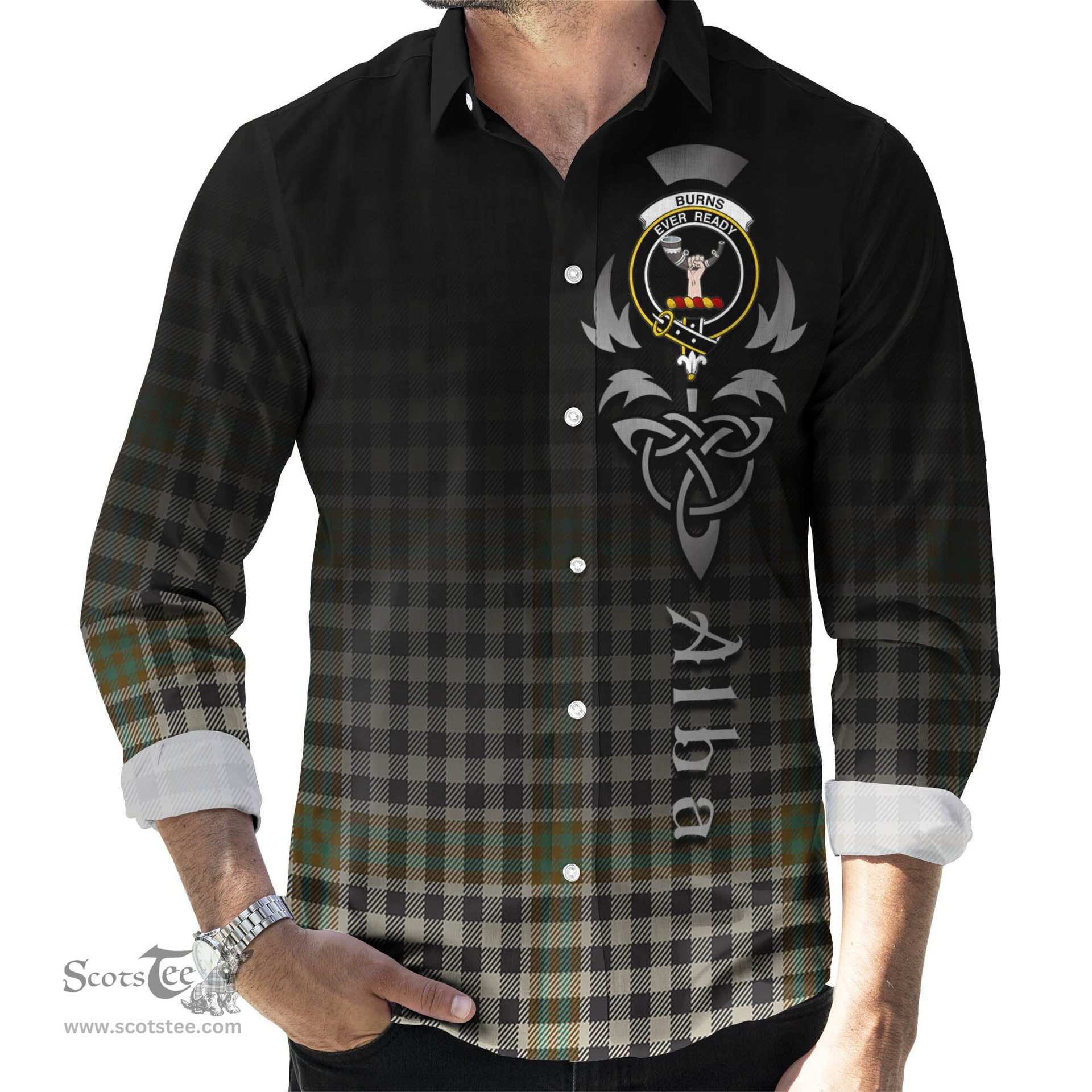 ScotsTee Shop Scottish Burns Check Clan Crest Tartan Alba Gu Brath Celtic Inspired Tartan Long Sleeve Shirt