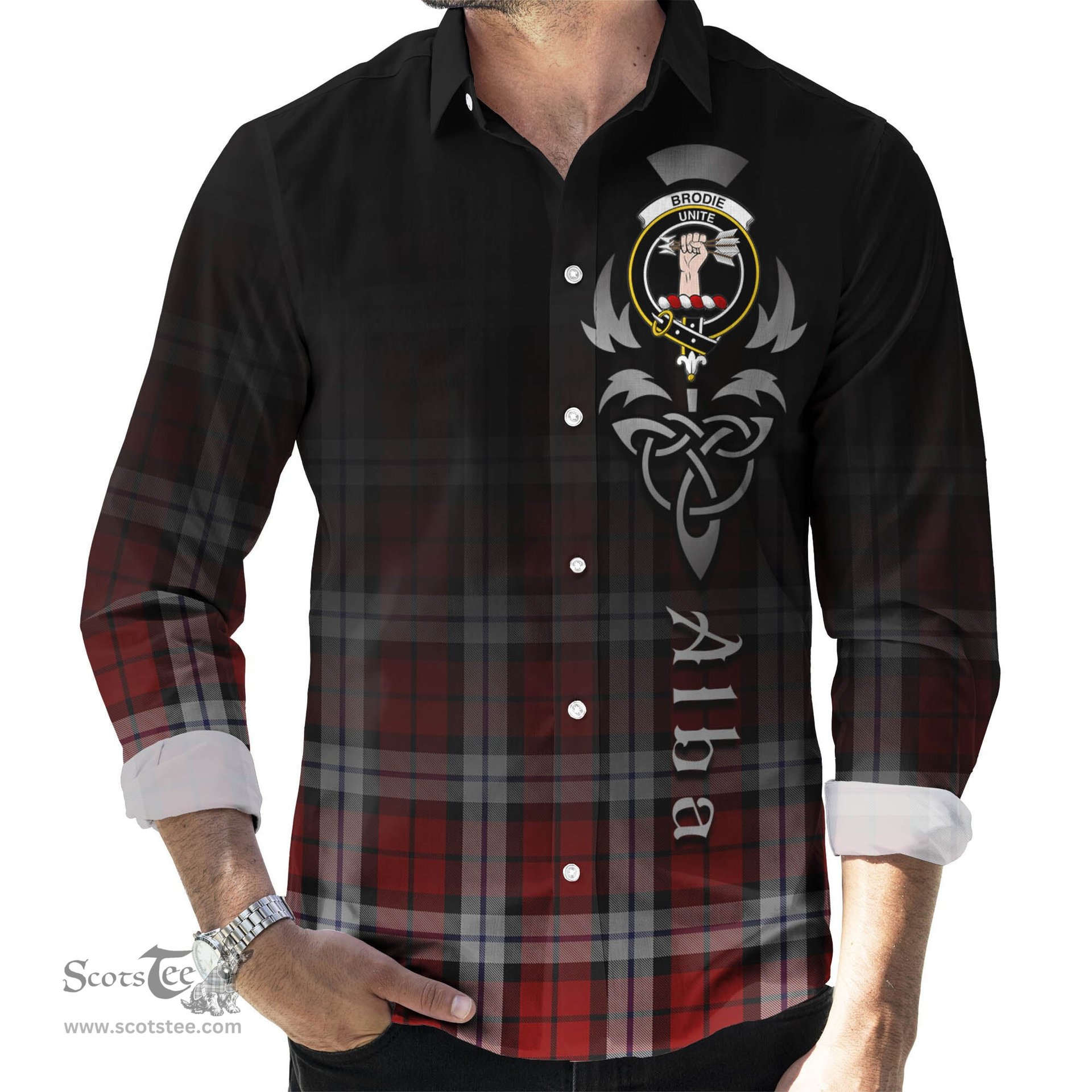 ScotsTee Shop Scottish Brodie Dress Clan Crest Tartan Alba Gu Brath Celtic Inspired Tartan Long Sleeve Shirt