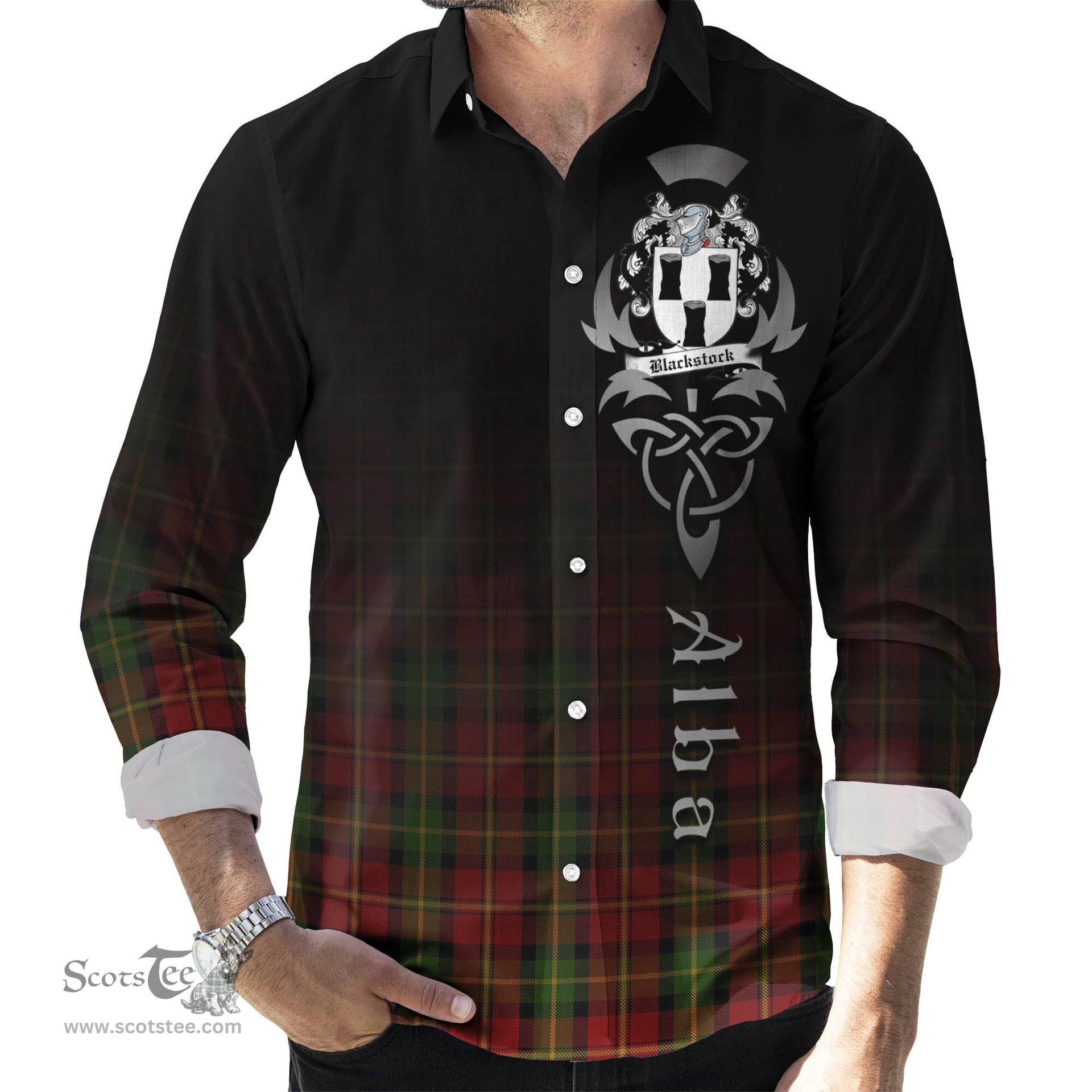 ScotsTee Shop Scottish Blackstock Red Dress Clan Crest Tartan Alba Gu Brath Celtic Inspired Tartan Long Sleeve Shirt