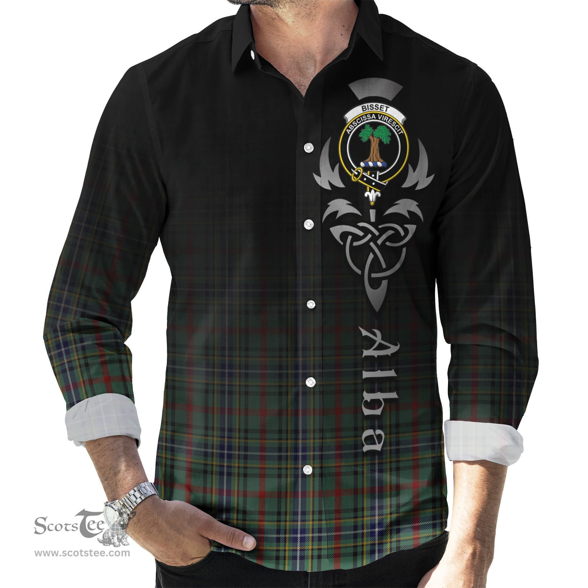 ScotsTee Shop Scottish Bisset Clan Crest Tartan Alba Gu Brath Celtic Inspired Tartan Long Sleeve Shirt