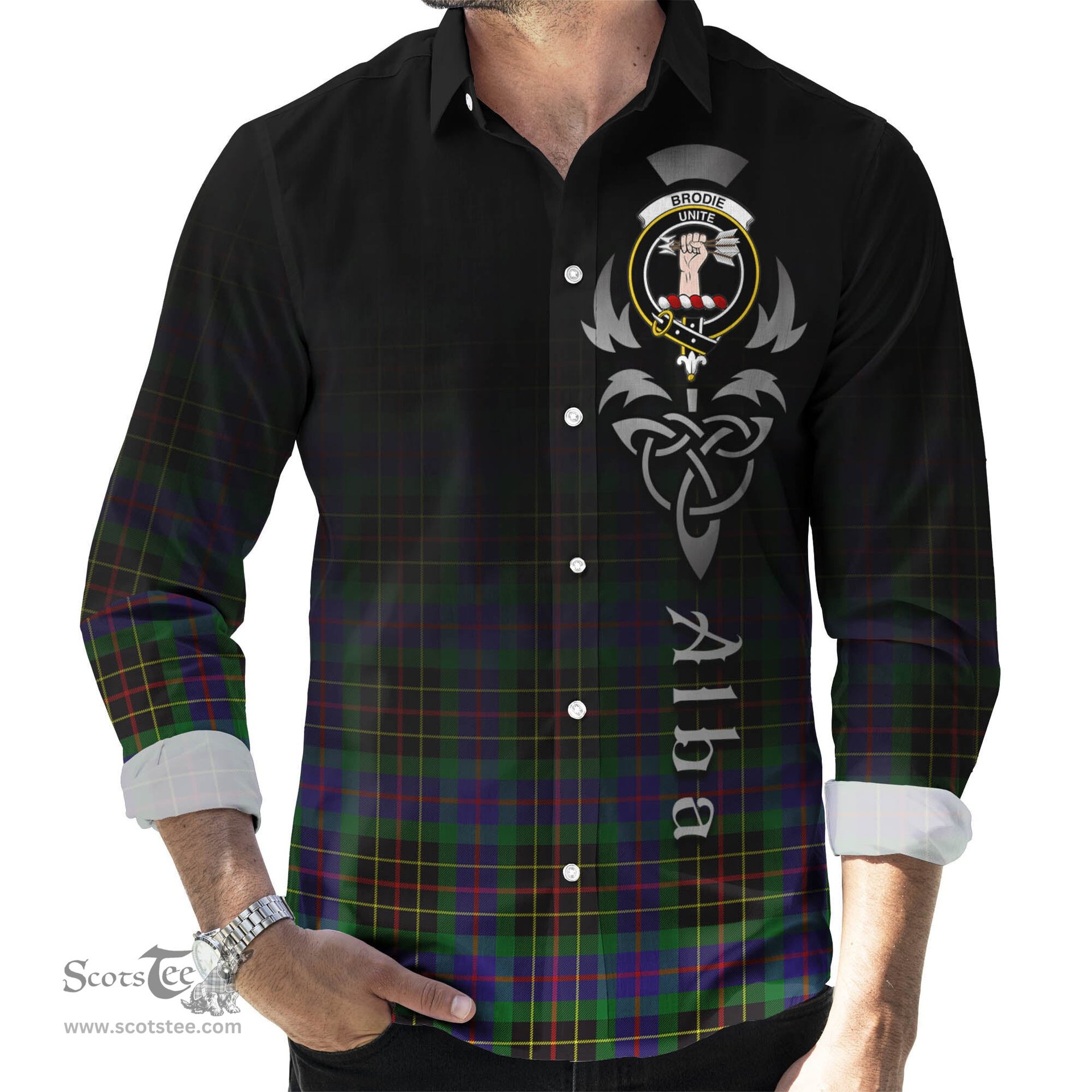 ScotsTee Shop Scottish Brodie Hunting Modern Clan Crest Tartan Alba Gu Brath Celtic Inspired Tartan Long Sleeve Shirt
