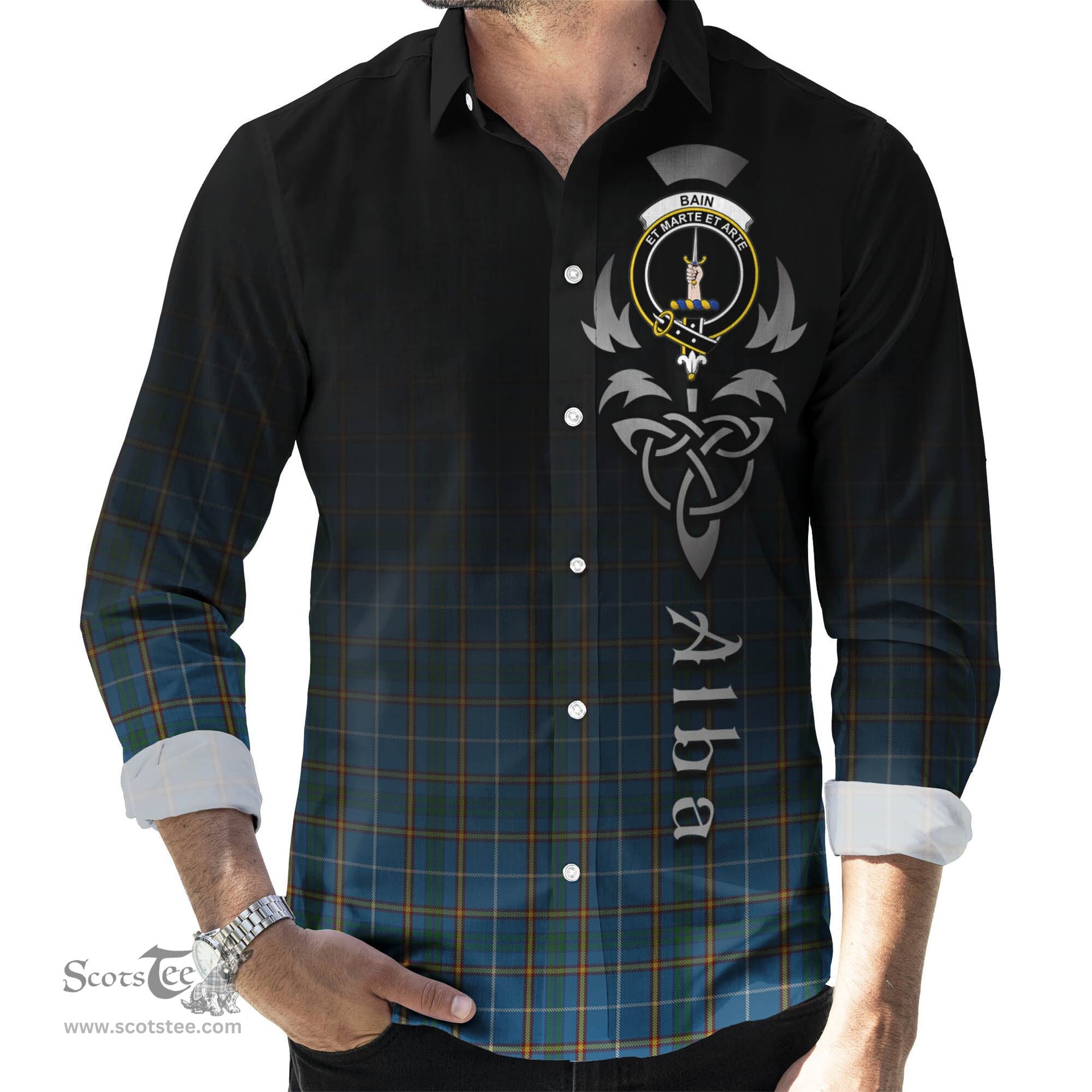ScotsTee Shop Scottish Bain Clan Crest Tartan Alba Gu Brath Celtic Inspired Tartan Long Sleeve Shirt