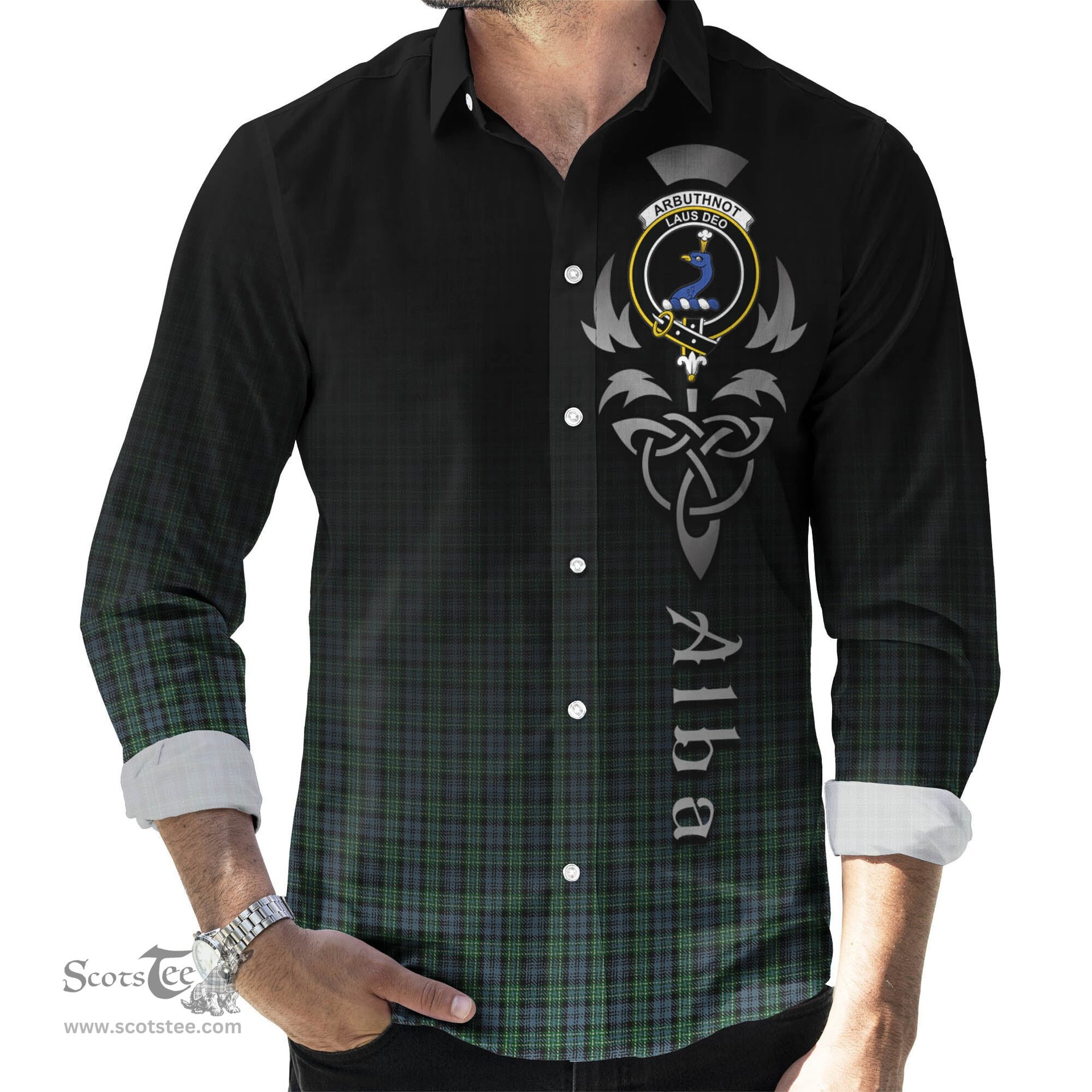 ScotsTee Shop Scottish Arbuthnot Clan Crest Tartan Alba Gu Brath Celtic Inspired Tartan Long Sleeve Shirt