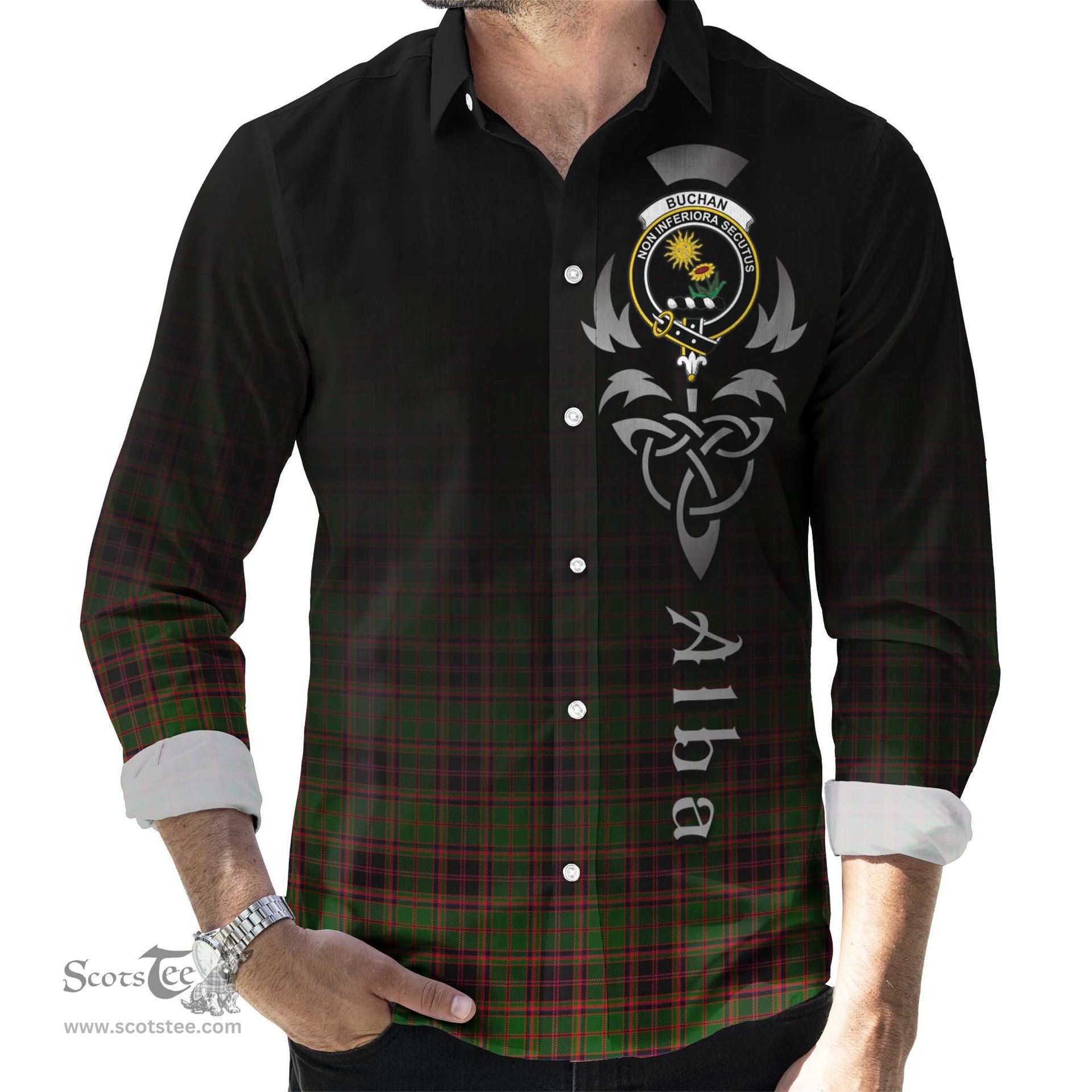 ScotsTee Shop Scottish Buchan Modern Clan Crest Tartan Alba Gu Brath Celtic Inspired Tartan Long Sleeve Shirt