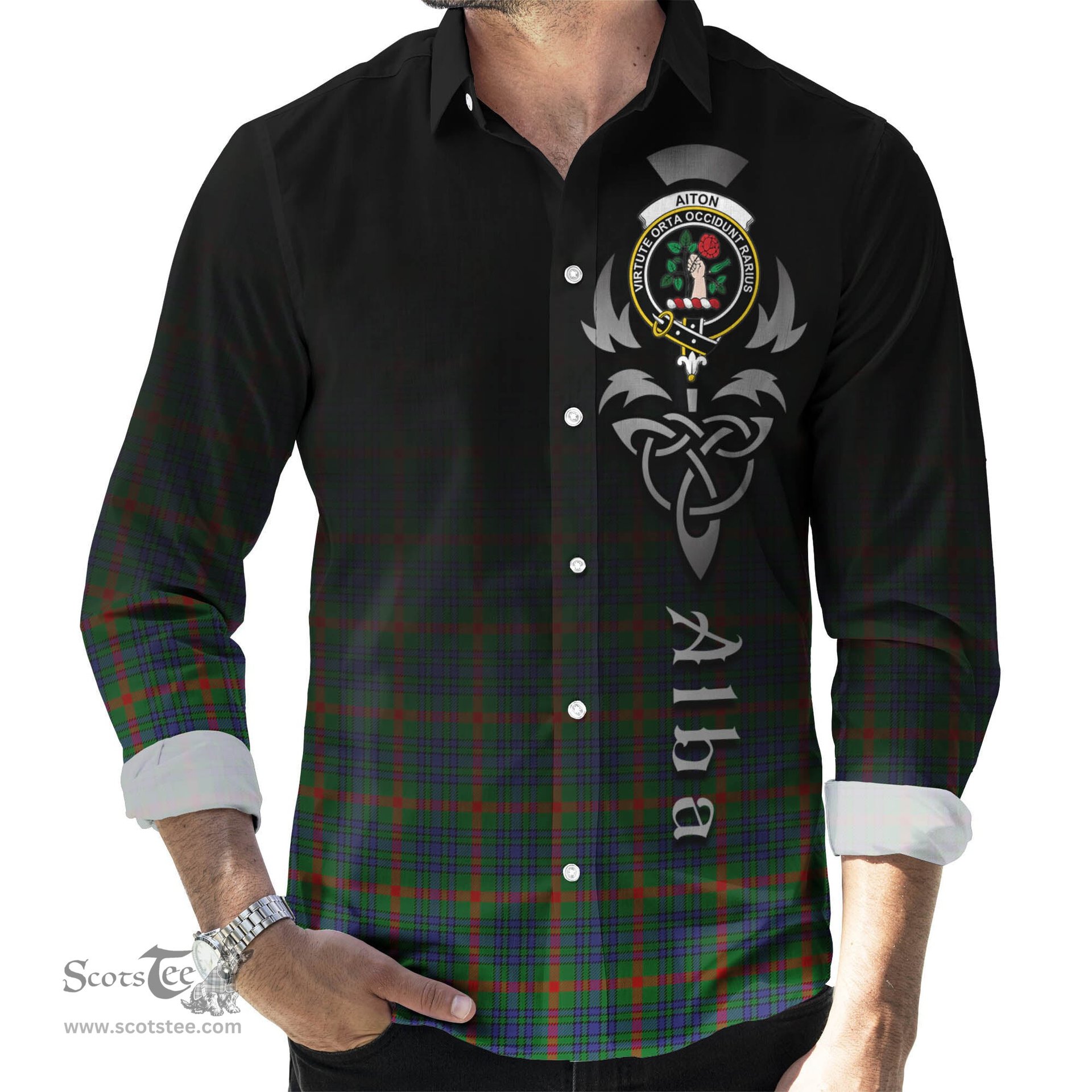 ScotsTee Shop Scottish Aiton Clan Crest Tartan Alba Gu Brath Celtic Inspired Tartan Long Sleeve Shirt