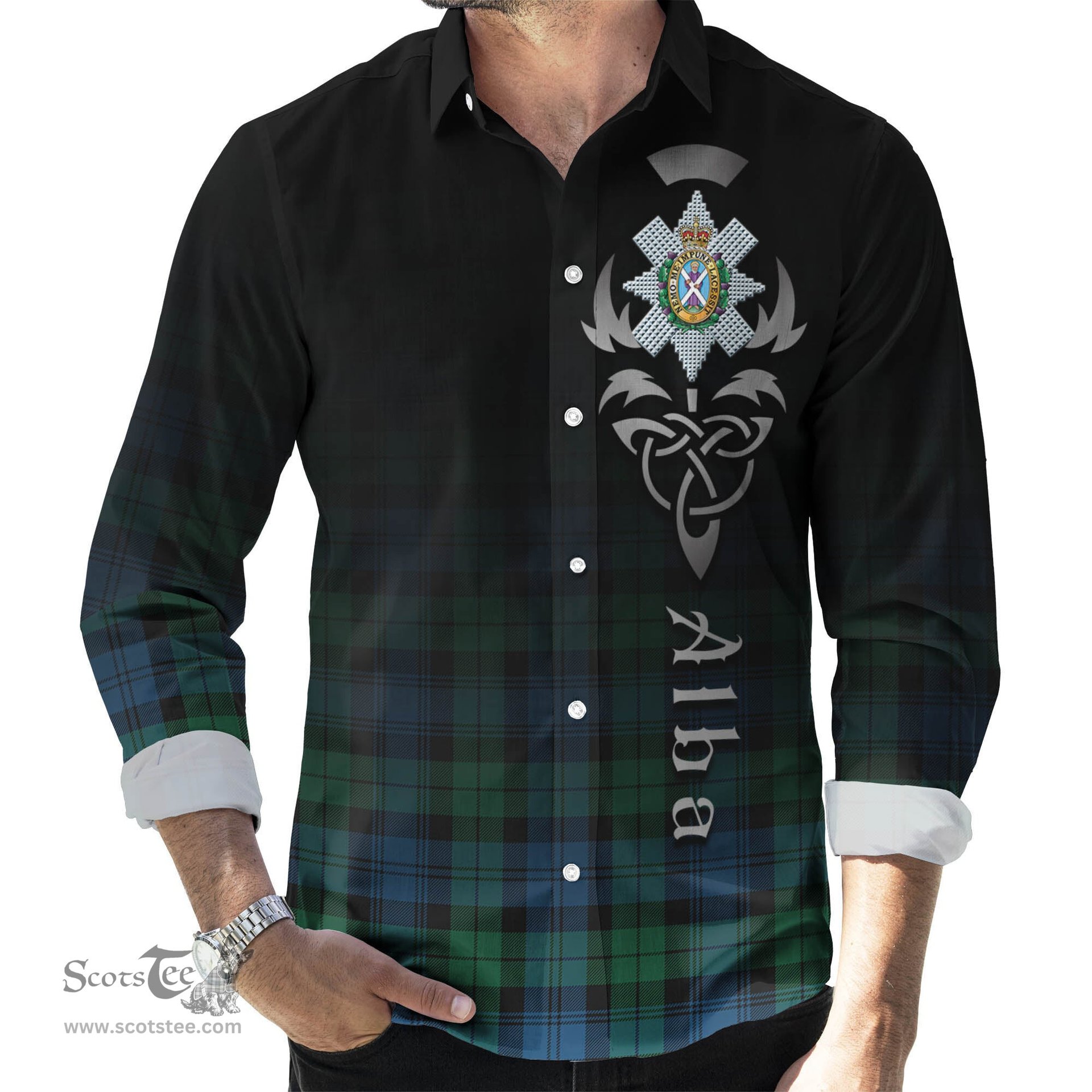 ScotsTee Shop Scottish Black Watch Ancient Clan Crest Tartan Alba Gu Brath Celtic Inspired Tartan Long Sleeve Shirt
