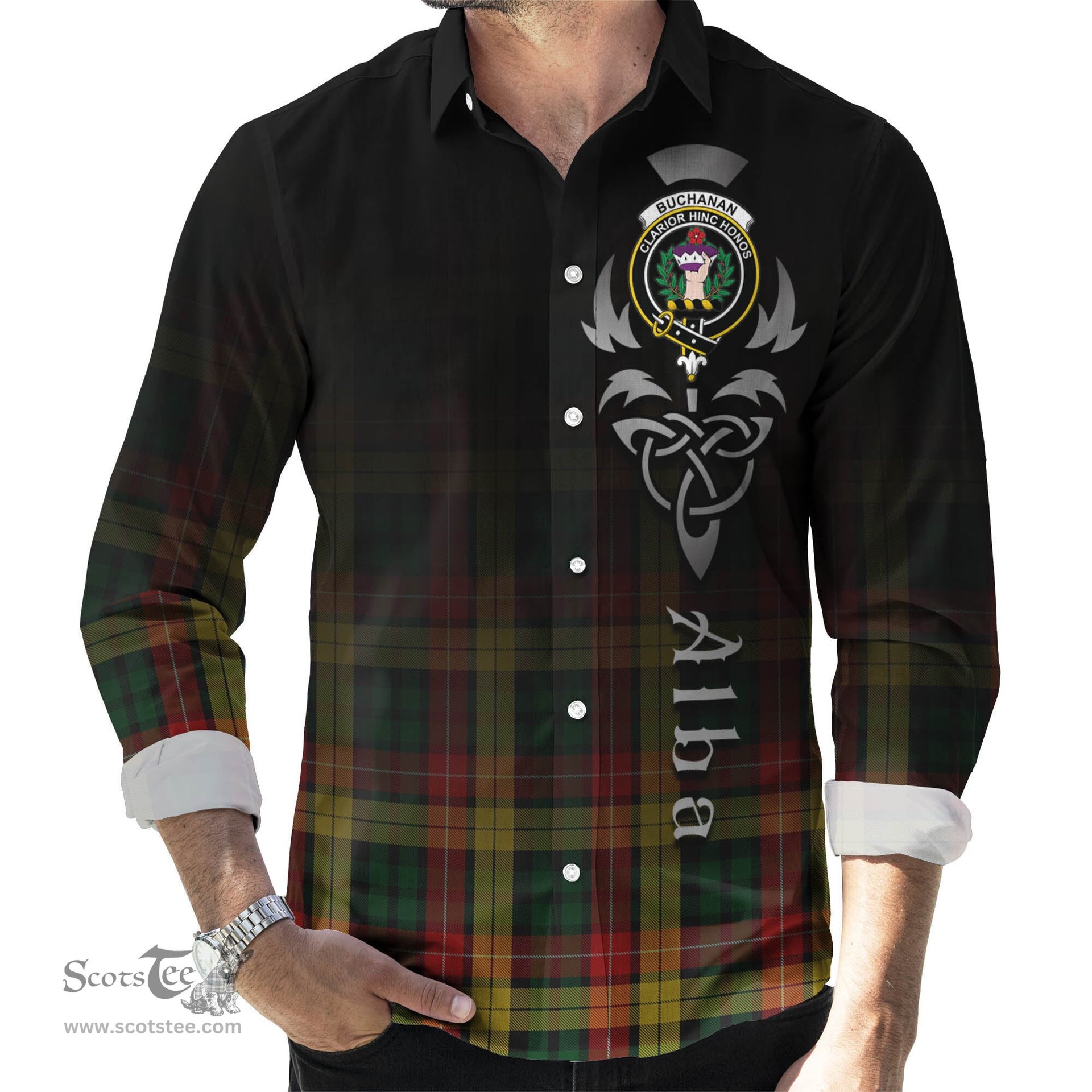 ScotsTee Shop Scottish Buchanan Clan Crest Tartan Alba Gu Brath Celtic Inspired Tartan Long Sleeve Shirt