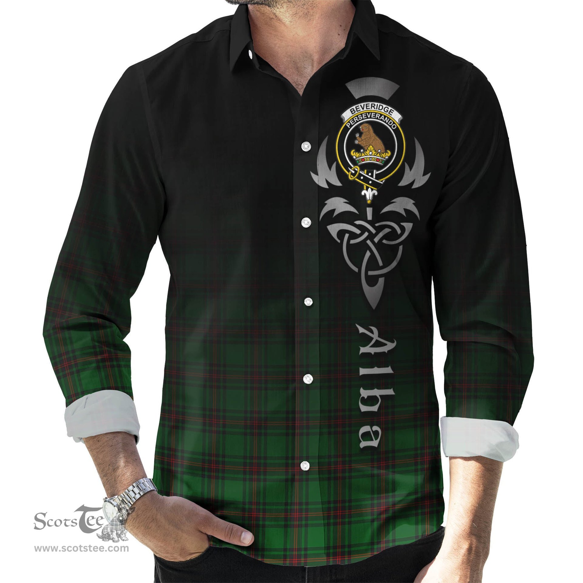 ScotsTee Shop Scottish Beveridge Clan Crest Tartan Alba Gu Brath Celtic Inspired Tartan Long Sleeve Shirt