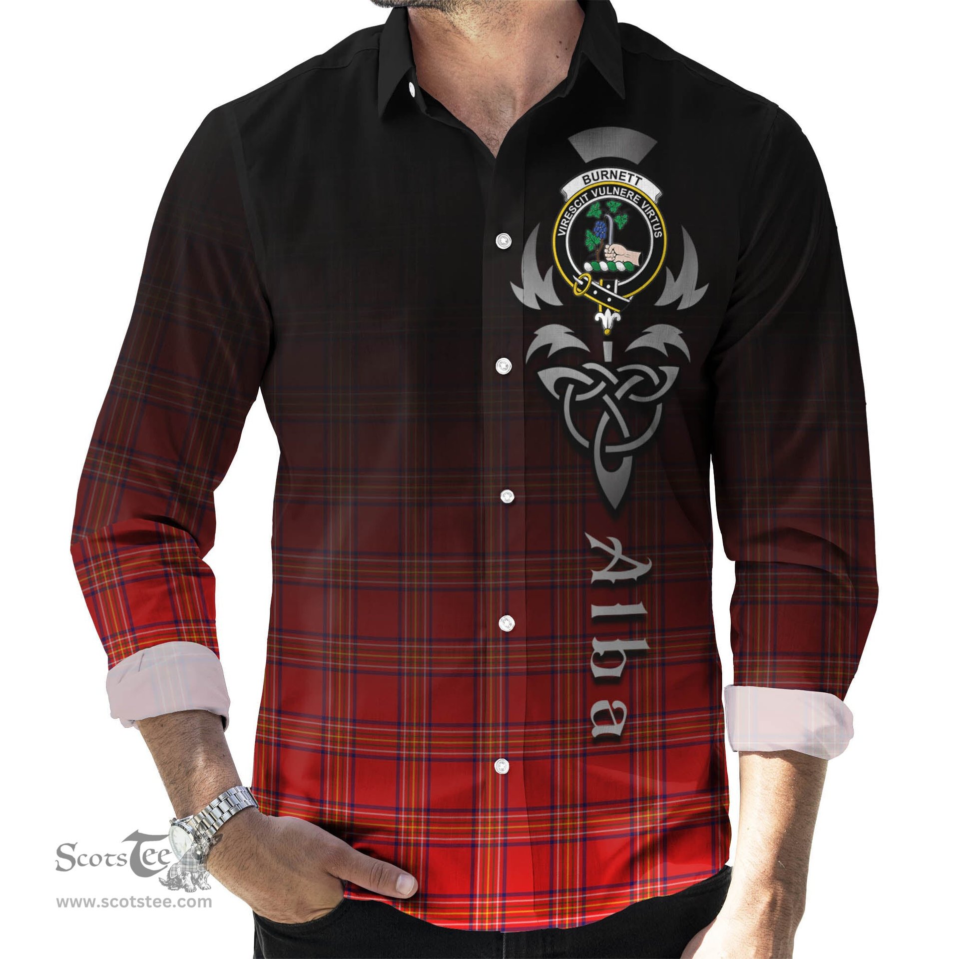 ScotsTee Shop Scottish Burnett Modern Clan Crest Tartan Alba Gu Brath Celtic Inspired Tartan Long Sleeve Shirt