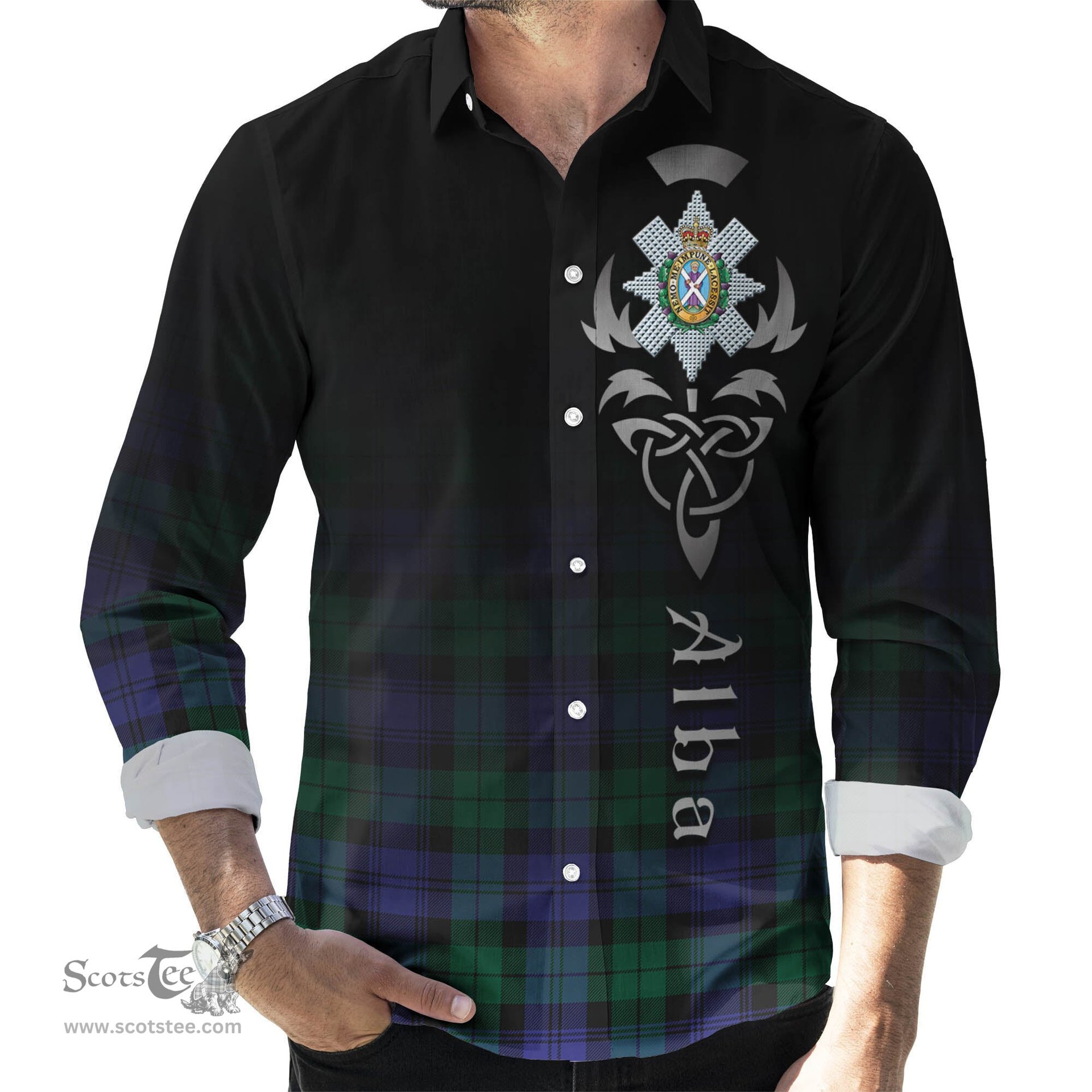 ScotsTee Shop Scottish Black Watch Modern Clan Crest Tartan Alba Gu Brath Celtic Inspired Tartan Long Sleeve Shirt