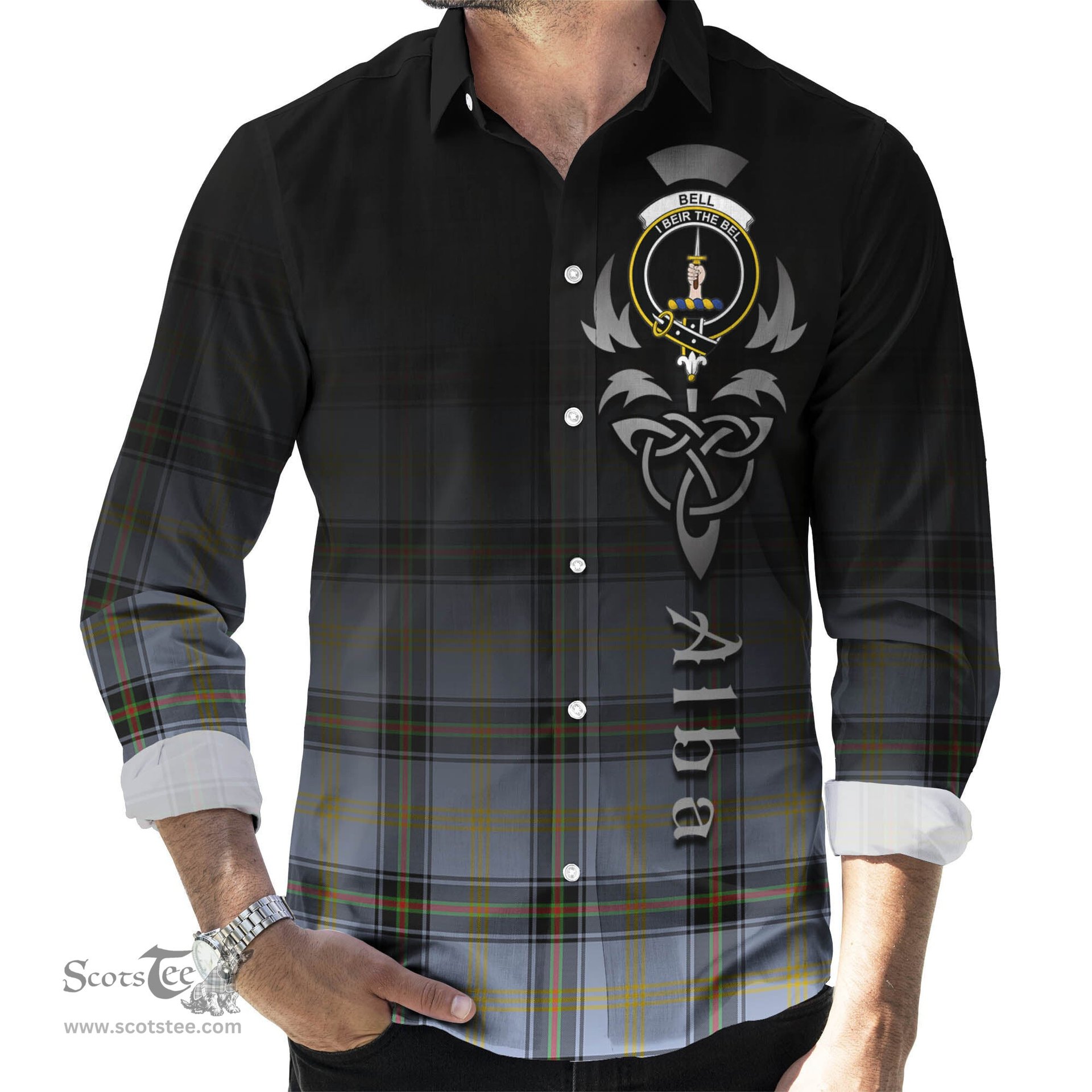 ScotsTee Shop Scottish Bell Clan Crest Tartan Alba Gu Brath Celtic Inspired Tartan Long Sleeve Shirt