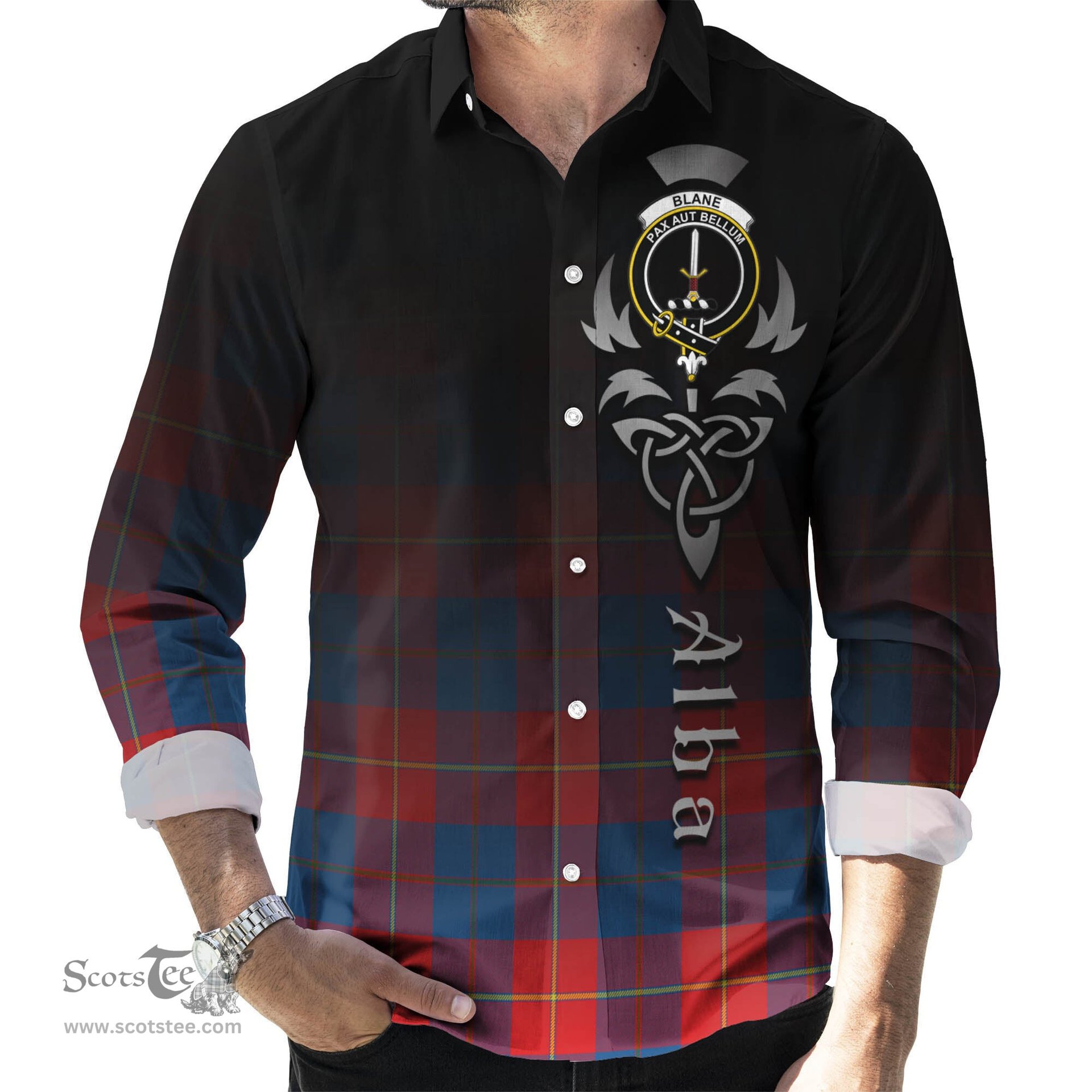 ScotsTee Shop Scottish Blane Clan Crest Tartan Alba Gu Brath Celtic Inspired Tartan Long Sleeve Shirt
