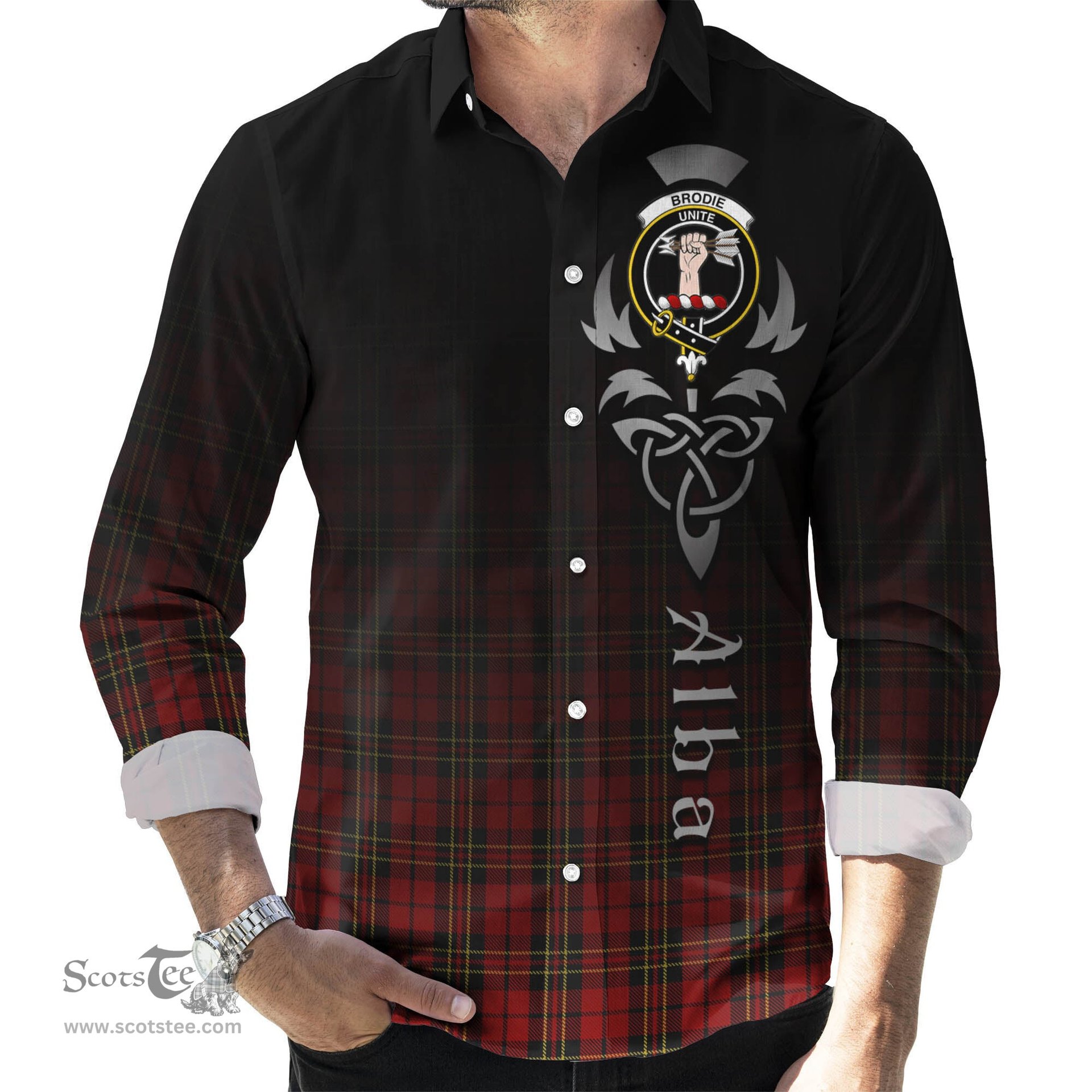 ScotsTee Shop Scottish Brodie Clan Crest Tartan Alba Gu Brath Celtic Inspired Tartan Long Sleeve Shirt