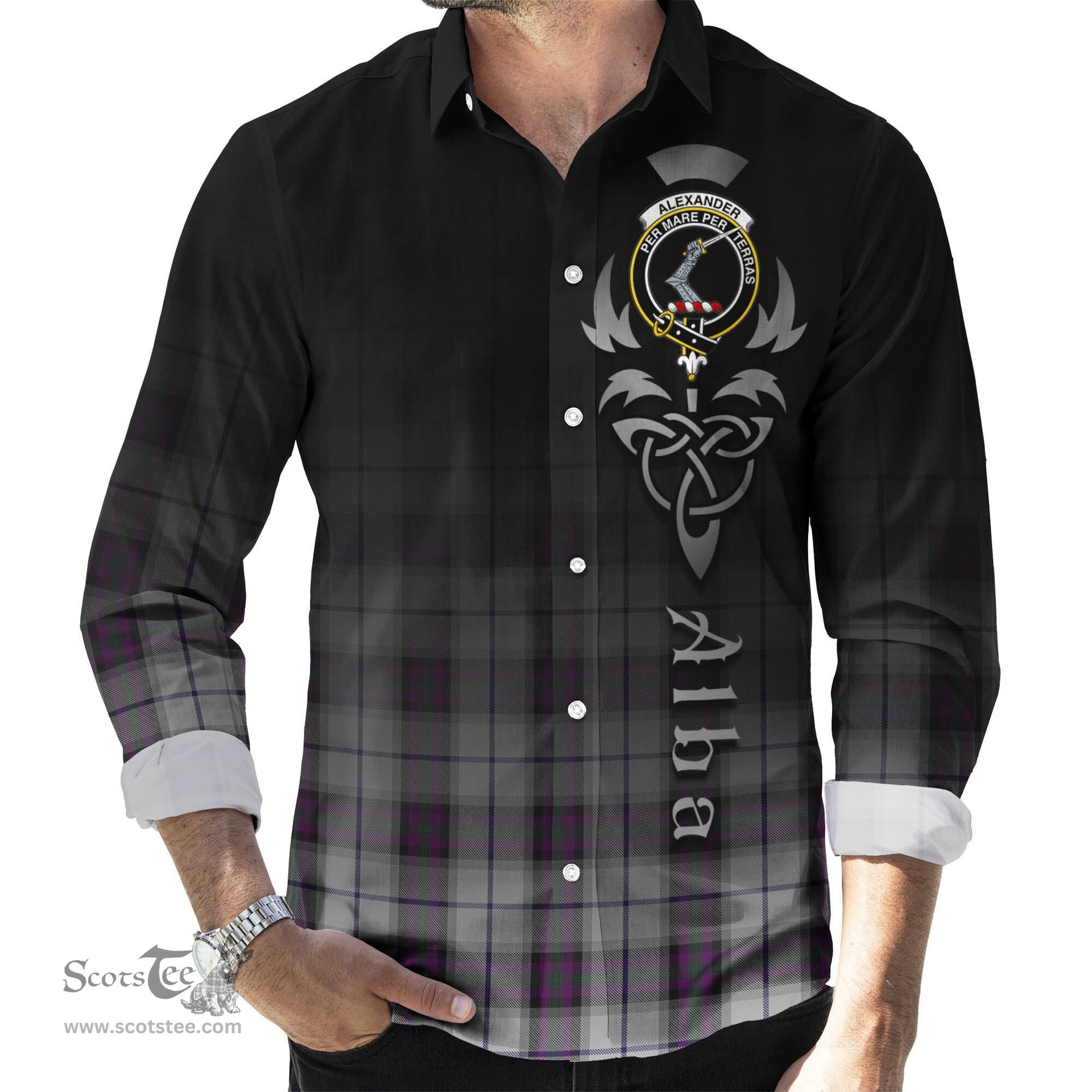 ScotsTee Shop Scottish Alexander of Menstry Dress Clan Crest Tartan Alba Gu Brath Celtic Inspired Tartan Long Sleeve Shirt