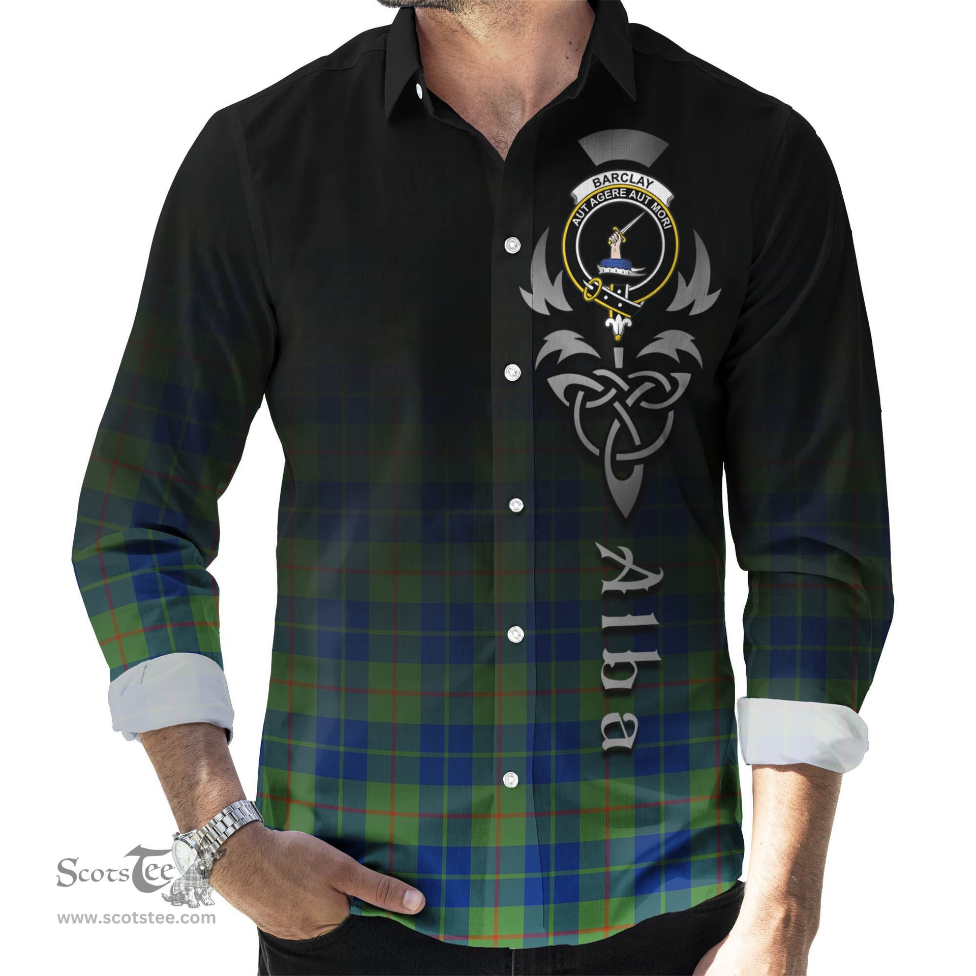ScotsTee Shop Scottish Barclay Hunting Ancient Clan Crest Tartan Alba Gu Brath Celtic Inspired Tartan Long Sleeve Shirt
